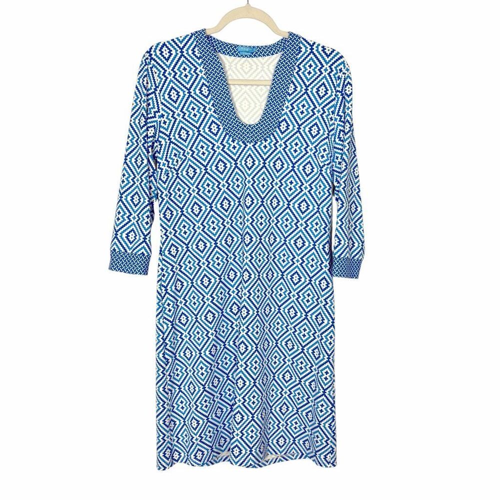 J. McLaughlin Dress Womens Medium Blue Gisel Catalina Cloth 3/4 Sleeve U-Neck